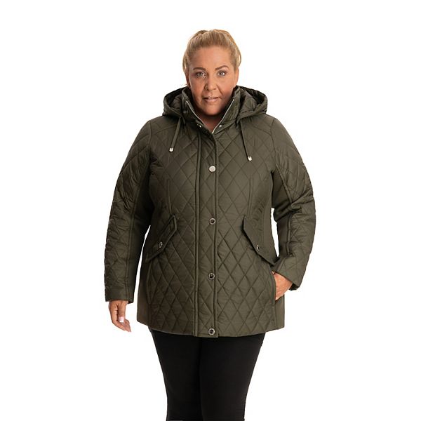 Plus Size London Fog Hood Side-Stretch Quilted Coat