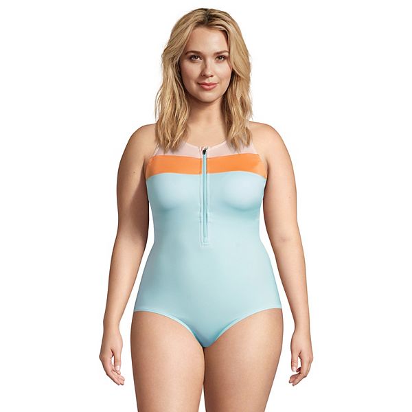 Plus Size Lands End Upf 50 Bust Minimizer 1 2 Zip Athletic One Piece Swimsuit