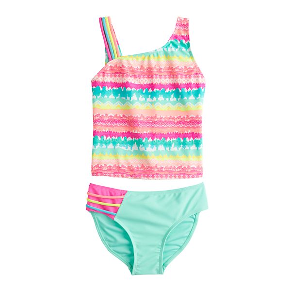 Girls 4-16 SO® One Shoulder Rainbow Tankini & Bottoms Swimsuit Set