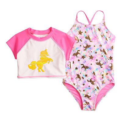 Girls 4 6x SO Unicorn One Piece Swimsuit Cropped Rash Guard Set