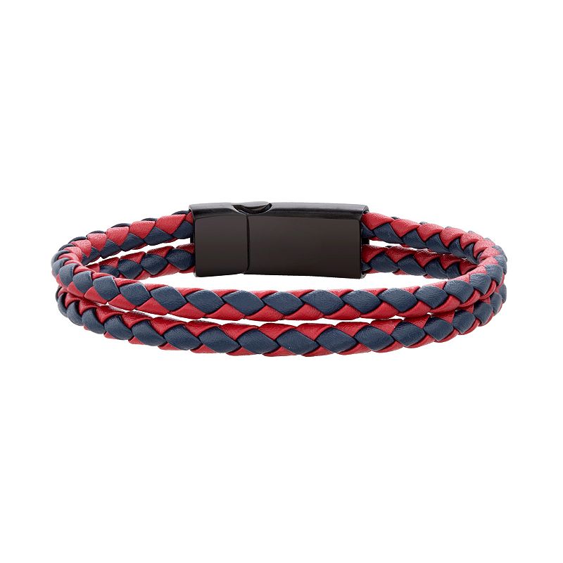 1913 Mens Braided Red Leather Double Strand Bracelet with Stainless Steel