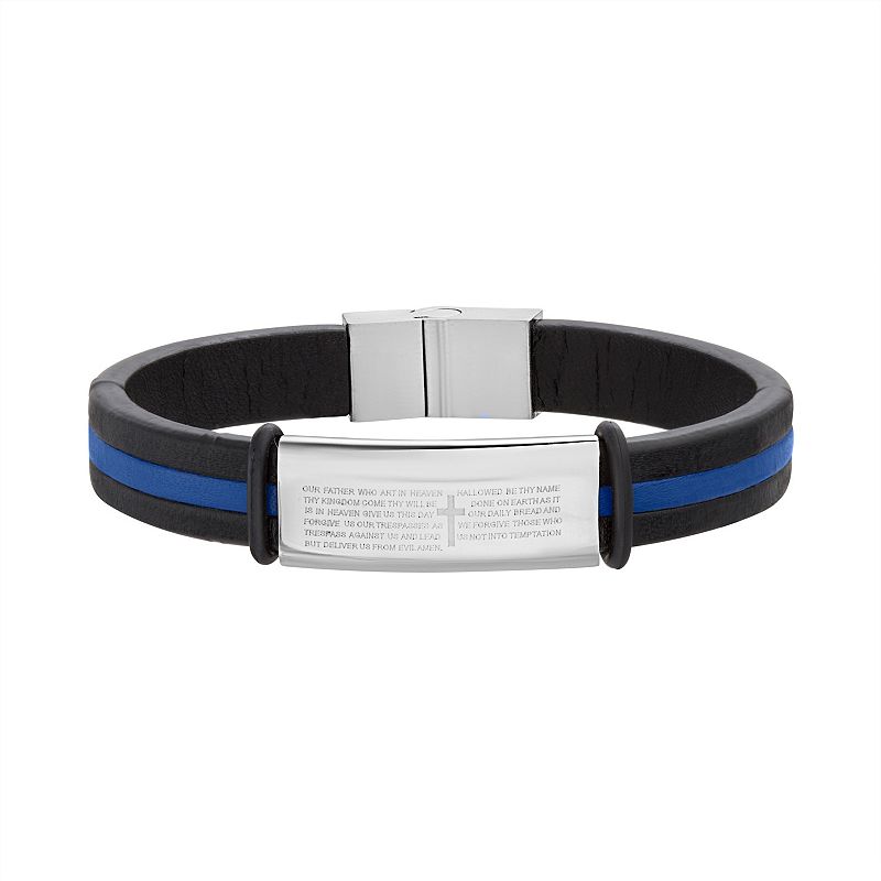 Mens 1913 Black & Blue Leather Bracelet with Stainless Steel Lords Praye