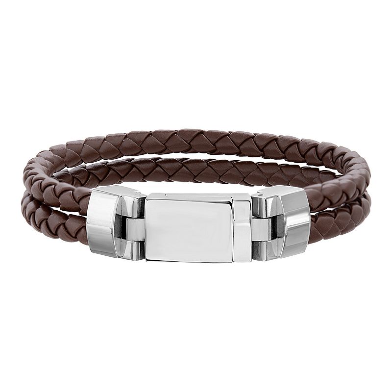 1913 Mens Brown Double Strand Braided Leather Bracelet with Stainless Ste