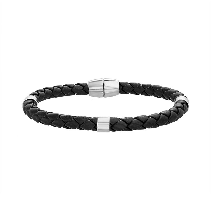 Mens 1913 Stainless Steel Stations Black Leather Bracelet, Size: 8.5