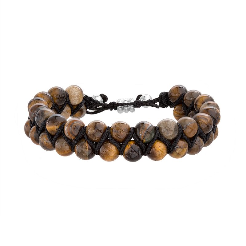 Mens 1913 Adjustable Beaded Bracelet with Stainless Steel Accents, Brown