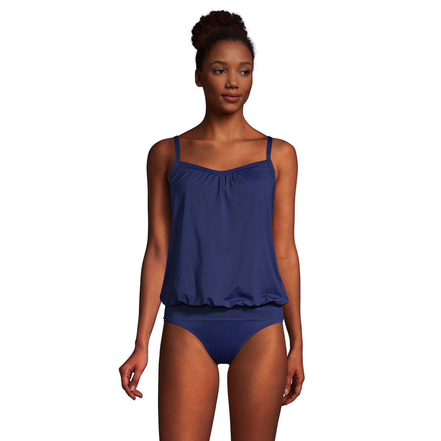 Lands' End Women's Chlorine Resistant Blouson Tankini Top - Deep Sea Polka Dot Petite Size 10