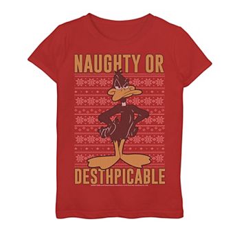 Girls 7-16 Looney Tunes Christmas Sweater Daffy Naughty Or Desthpicable Graphic Tee