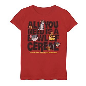 Girls 7-16 Tom And Jerry Bowl Of Cereal Text Graphic Tee