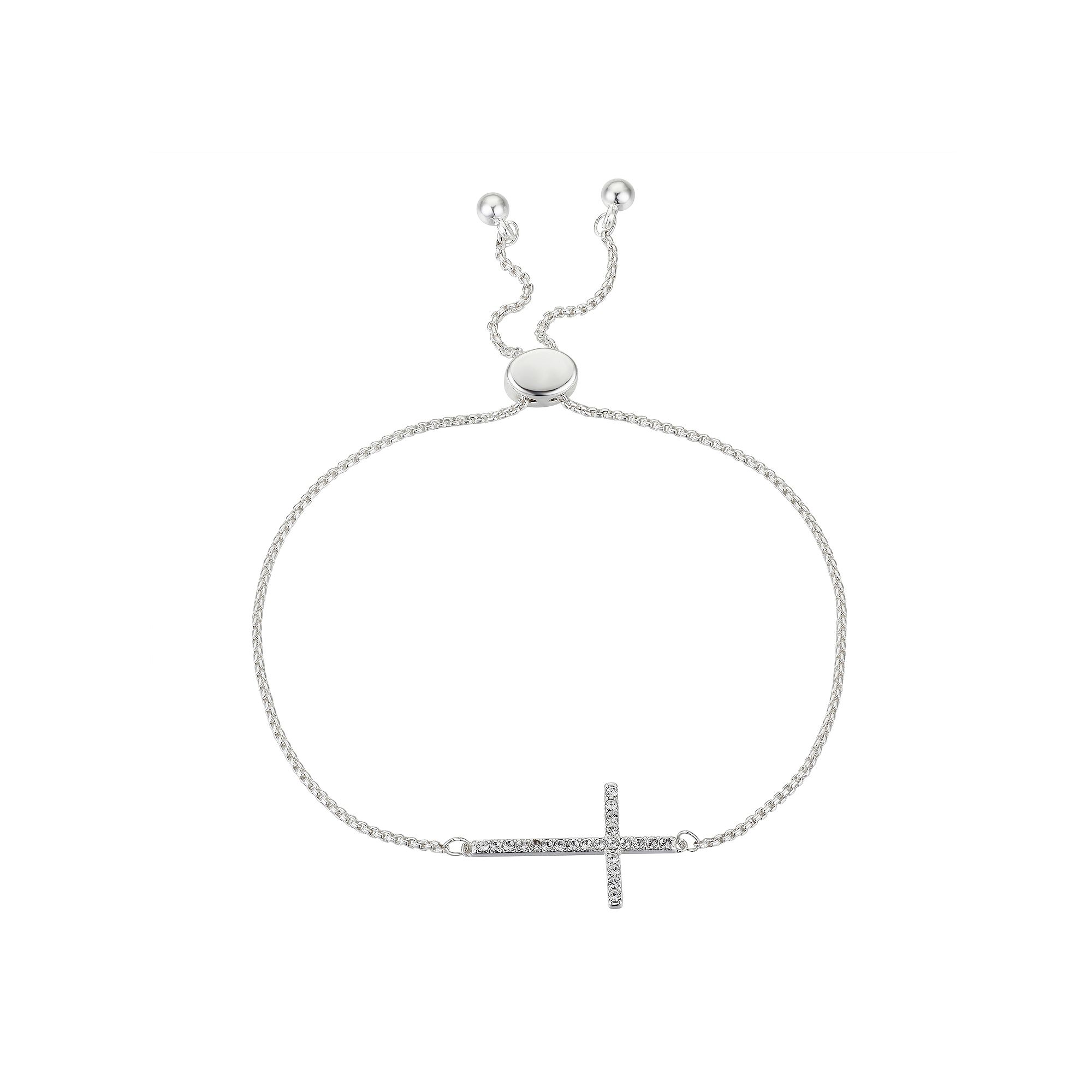 Brilliance Crystal Sideways Cross Bolo Bracelet, Womens, Size: 7.5, Sil