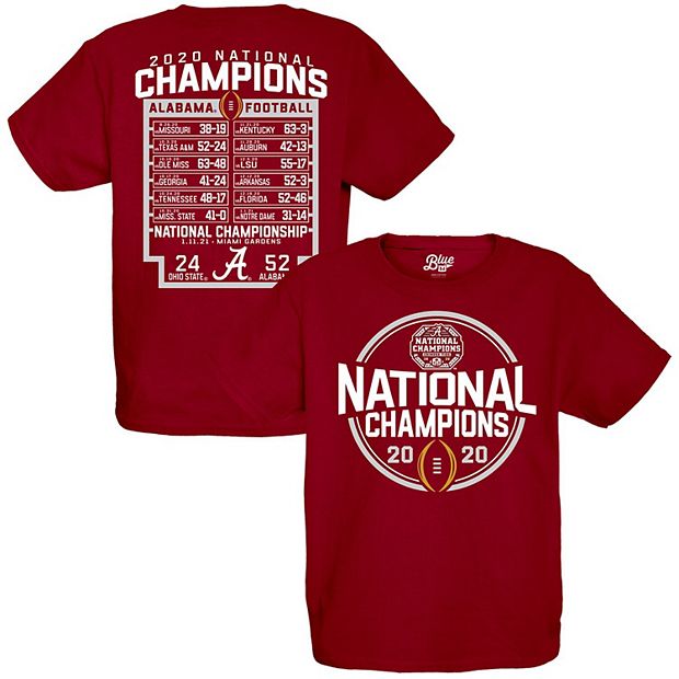 Youth Blue 84 Crimson Alabama Crimson Tide College Football Playoff 2020  National Champions Schedule T-Shirt