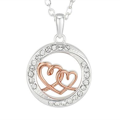 Brilliance Two-Tone "Always Sisters Forever Friends" Crystal Double Heart Round Necklace