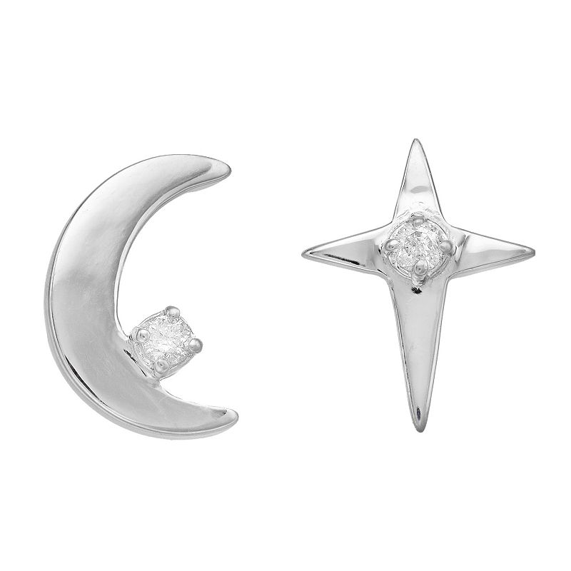 Sterling Silver Diamond Accent Moon & Star Mismatch Earrings, Womens, Whit