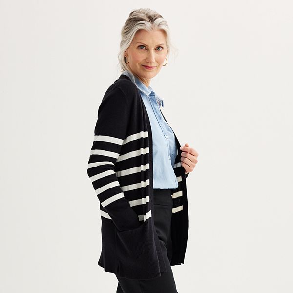 Womens Croft & Barrow® Classic Ribbed Open-Front Cardigan - Black White Stripe (SMALL)