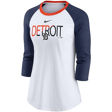 Women's Nike White/Heathered Navy Detroit Tigers Color Split Tri-Blend 3/4-Sleeve Raglan T-Shirt