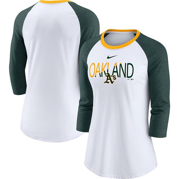 Women's Nike White/Heathered Green Oakland Athletics Color Split Tri-Blend 3 /4-Sleeve Raglan T