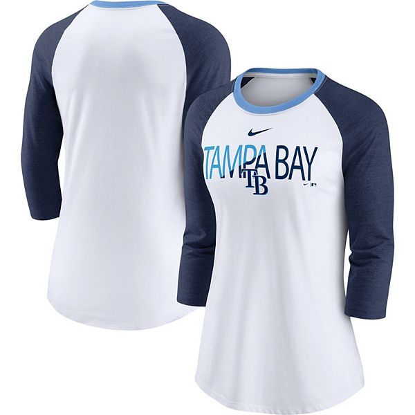 Women's Nike White/Heathered Navy Tampa Bay Rays Color Split Tri-Blend  3/4-Sleeve Raglan T-Shirt
