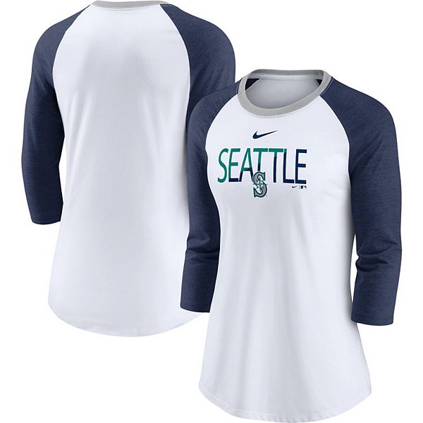 Women's Nike White/Heathered Navy Seattle Mariners Color Split Tri-Blend  3/4-Sleeve Raglan T-Shirt