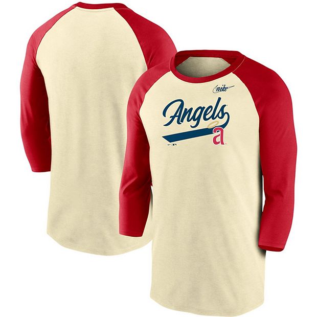 Men's Nike Cream/Red California Angels Cooperstown Script Tri-Blend  3/4-Sleeve Raglan T-Shirt
