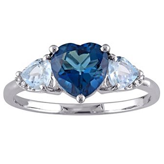 Stella Grace Sterling Silver Blue Topaz & Diamond Accent Heart 3-Stone Ring