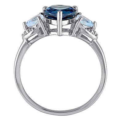 Sterling Silver Blue Topaz & Diamond Accent Heart 3-Stone Ring