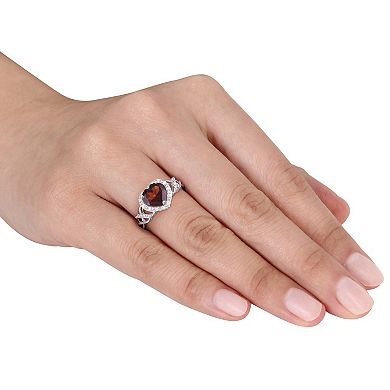 Stella Grace Sterling Silver Garnet & 1/10 Carat T.W. Diamond Open Heart Crossover Ring