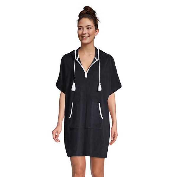 Lands End Women's swim cover-up tunic dress black embroidery Size