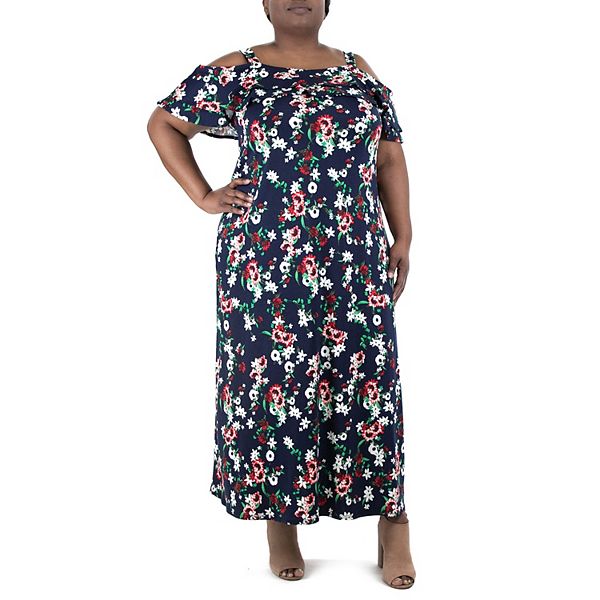 Plus Size Nina Leonard Floral Cold-Shoulder Maxi Dress