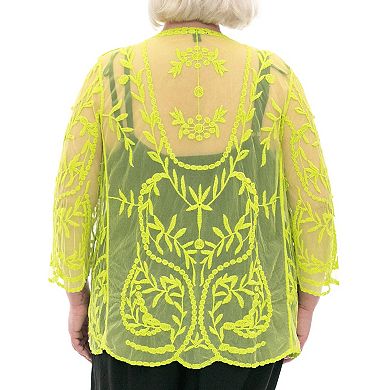 Plus Size Nina Leonard Embroidered Mesh Floral Bolero