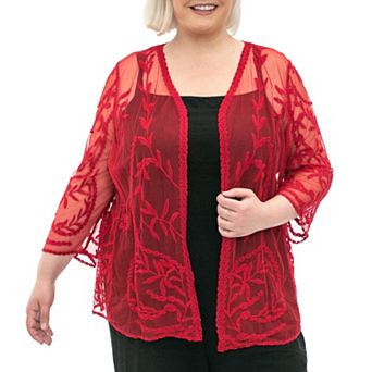 Plus Size Nina Leonard Embroidered Mesh Floral Bolero