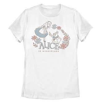 Disney's Alice In Wonderland Alice And White Rabbit Juniors' Floral Graphic Tee