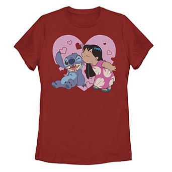 Juniors' Disney's Lilo & Stitch Valentine's Day Kiss Graphic Tee