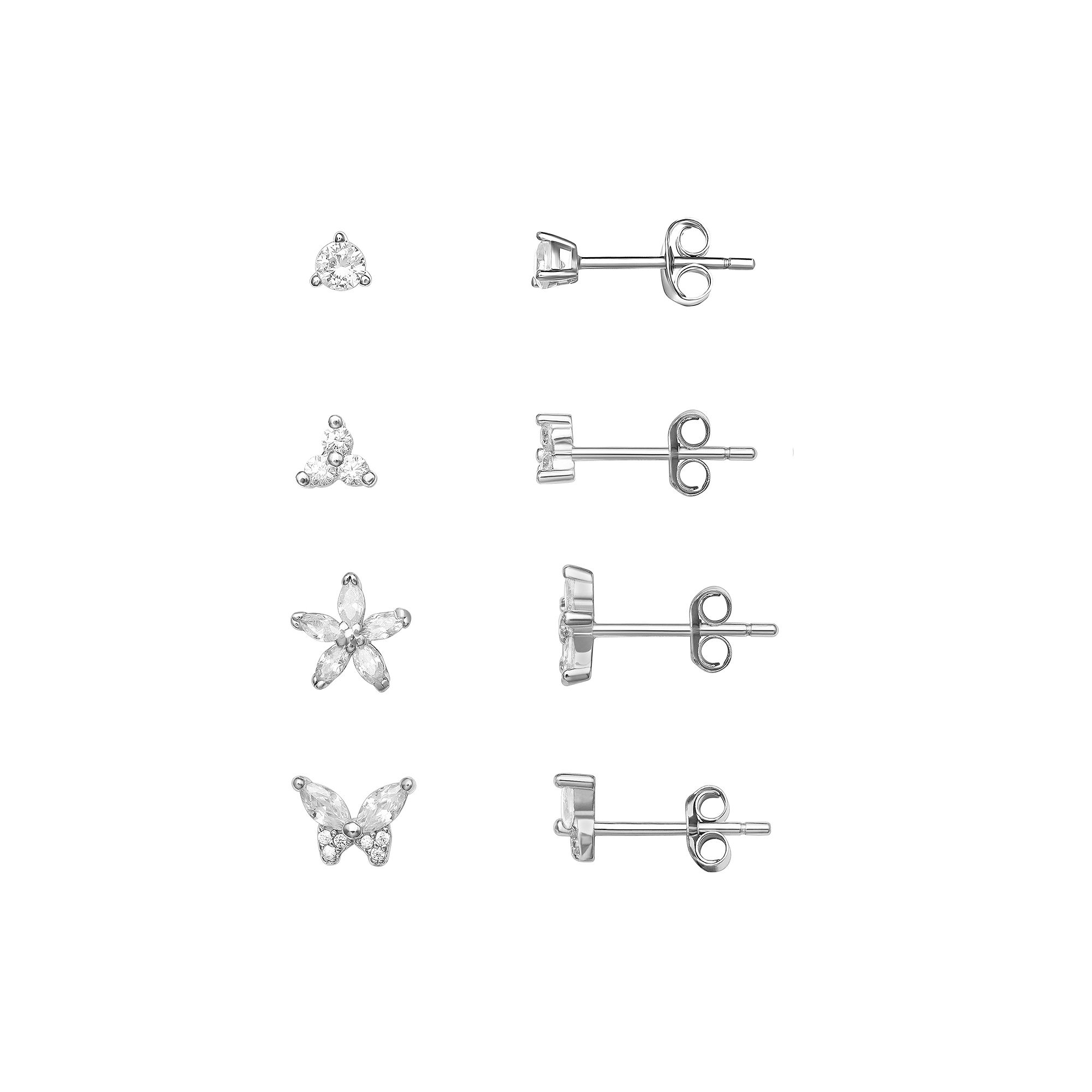 PRIMROSE Sterling Silver Round, Triple Round, Flower & Butterfly Stud Earri