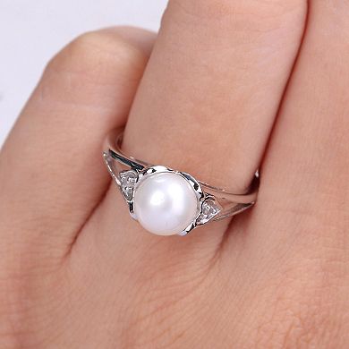 Stella Grace Sterling Silver Freshwater Cultured Pearl & Diamond Accent Split-Shank Ring