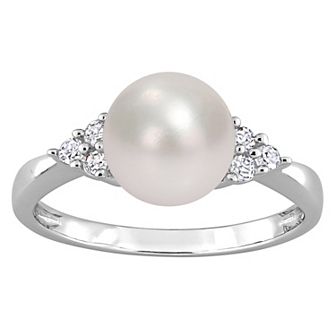 Stella Grace Sterling Silver Freshwater Cultured Pearl & 1/8 ct T.W. Diamond Ring