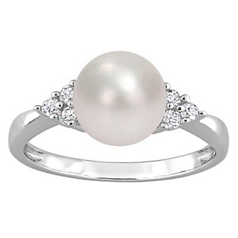 Stella Grace Sterling Silver Freshwater Cultured Pearl & 1/8 ct T.W. Diamond Ring