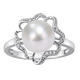 Stella Grace Sterling Silver Freshwater Cultured Pearl & Diamond Accent Flower Cocktail Ring