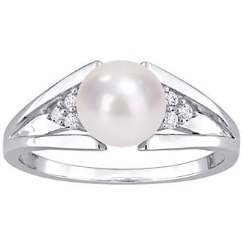 Stella Grace Sterling Silver Freshwater Cultured Pearl & Diamond Accent Split-Shank Ring