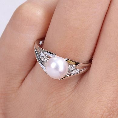 Stella Grace Sterling Silver Freshwater Cultured Pearl & Diamond Accent Split-Shank Ring