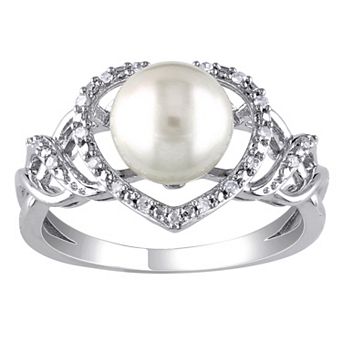 Stella Grace Sterling Silver Freshwater Cultured Pearl & Diamond Accent Heart Ring