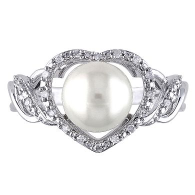 Stella Grace Sterling Silver Freshwater Cultured Pearl & Diamond Accent Heart Ring