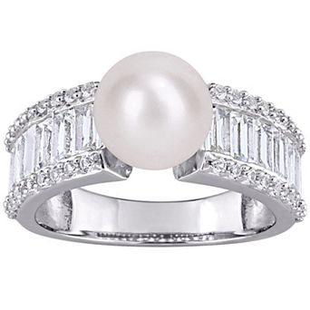 Stella Grace Sterling Silver Freshwater Cultured Pearl & Lab-Created White Sapphire Engagement Ring