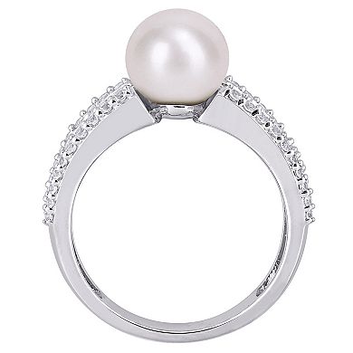 Stella Grace Sterling Silver Freshwater Cultured Pearl & Lab-Created White Sapphire Engagement Ring