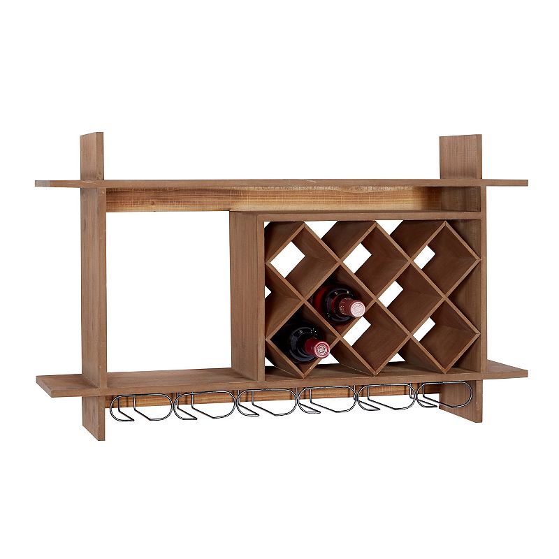 DecMode 34  x 20  Brown Wood Geometric 8 Bottles Wall Wine Rack with 6 Glass Holder Slots  1-Piece