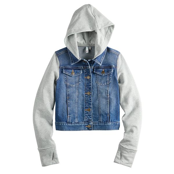 Jean jacket discount with sweatshirt hood