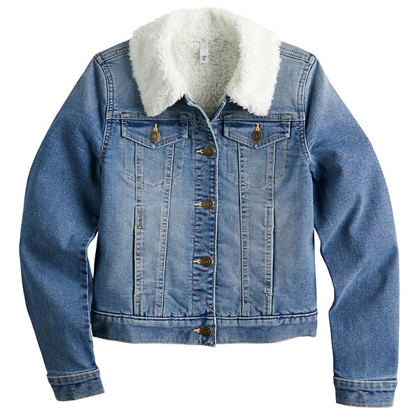 Padded Denim Jacket with Hood, Sherpa Lining, for Girls - stone, Girls