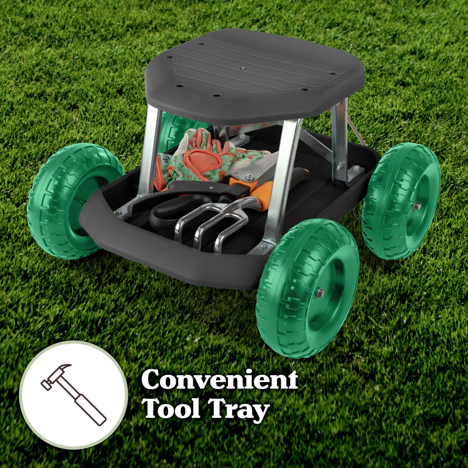 Gardening Stool - Rolling Garden Seat with Wheels and Storage Tool Tray - Garden Cart Scooter - Yard Tools by Pure Garden