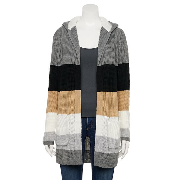 Juniors' Almost Famous Sherpa Lined Colorblock Hooded Cardigan with Pockets