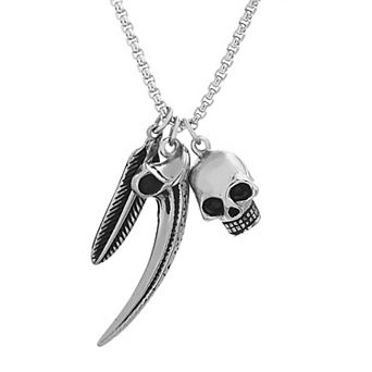 Men's Oxidized Stainless Steel Feather, Horn & Skull Necklace