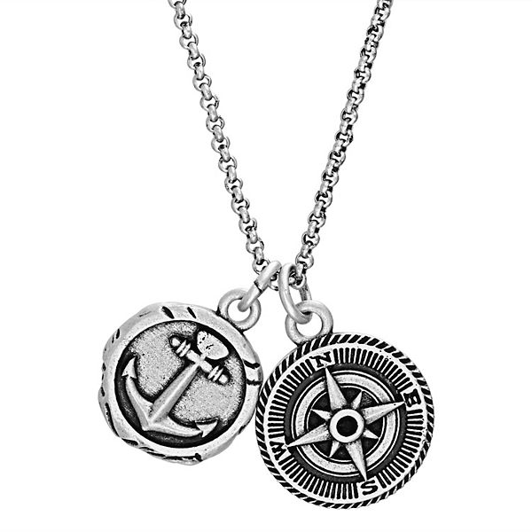 Men's Oxidized Stainless Steel Anchor & Compass Discs Pendant Necklace