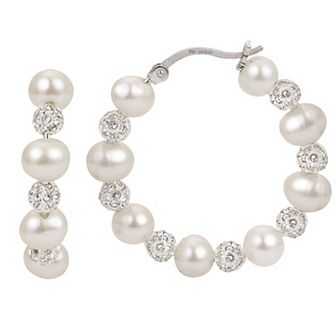 PearLustre by Imperial Sterling Silver Freshwater Cultured Pearl & Crystal Bead Hoop Earrings